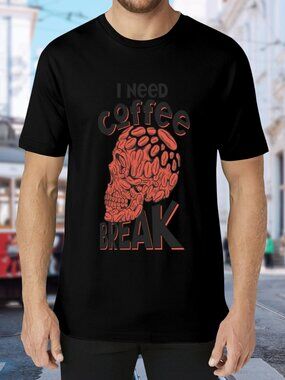 I Need Coffee Break Skull Graphic Tee - Black & Red